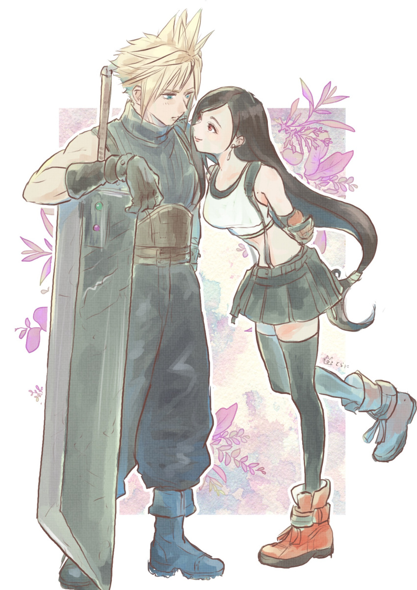 1boy arms_behind_back baggy_pants bare_shoulders black_footwear black_gloves black_hair black_skirt black_thighhighs blonde_hair blue_eyes boots border breasts buster_sword closed_mouth cloud_strife commentary_request crop_top earrings eye_contact female final_fantasy final_fantasy_vii final_fantasy_vii_remake floral_background flower full_body gloves height_difference highres huge_weapon jewelry leaning_forward long_hair looking_at_another low-tied_long_hair materia medium_breasts midriff ninnin5tora outside_border pants pink_flower planted planted_sword pleated_skirt red_eyes red_footwear ribbed_sweater short_hair single_earring skirt sleeveless sleeveless_turtleneck smile spiked_hair standing standing_on_one_leg suspender_skirt suspenders sweater sword tank_top thighhighs tifa_lockhart turtleneck turtleneck_sweater weapon white_border white_tank_top zettai_ryouiki