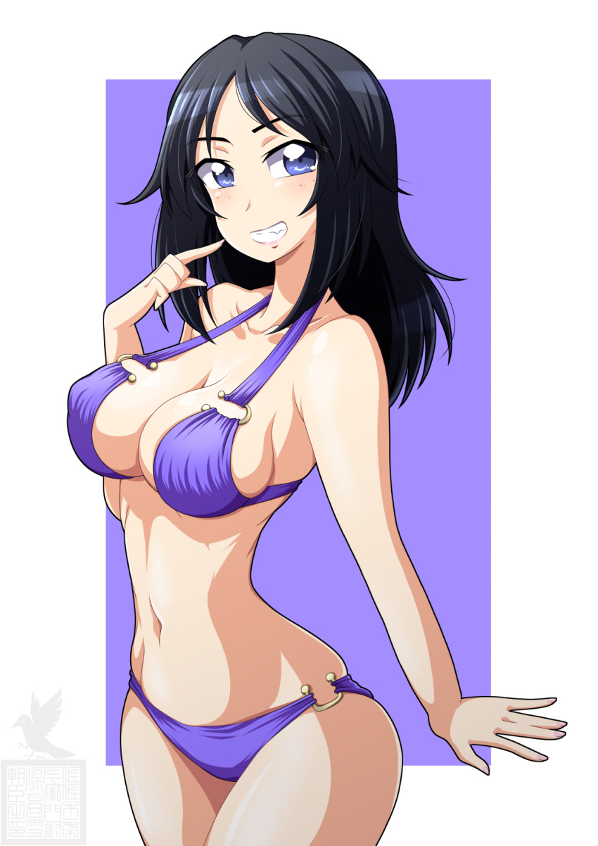 artist_logo bikini black_hair blue_eyes breasts cleavage commentary cowboy_shot female finger_to_mouth freckles girls_und_panzer grin groin halterneck highres ichijou_takakiyo long_hair looking_at_viewer medium_breasts navel purple_background purple_bikini smile solo standing swimsuit yamagou_ayumi