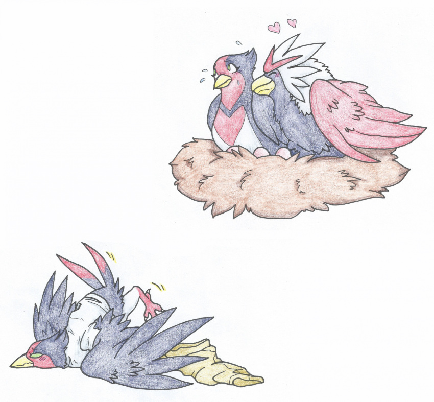 after_transformation avian avian_feet blush braviary claws duo egg embarrassed father_(lore) feathered_wings feathers female feral gender_transformation generation_3_pokemon generation_5_pokemon head_crest heart_symbol hi_res love male mother_(lore) mother_and_father_(lore) mtf_transformation nest nintendo parent_(lore) pokemon pokemon_(species) rainbowraven simple_background swellow tail tail_feathers transformation trapped_in_clothing white_background wings