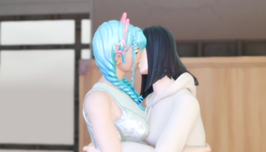 black_hair blue_hair eye_closed female fortnite fortnite:_battle_royale human human_only katalina_(fortnite) kissing lesbian_kiss original_character original_characters room safe safe_for_work tanned_skin willsmiththeslappers