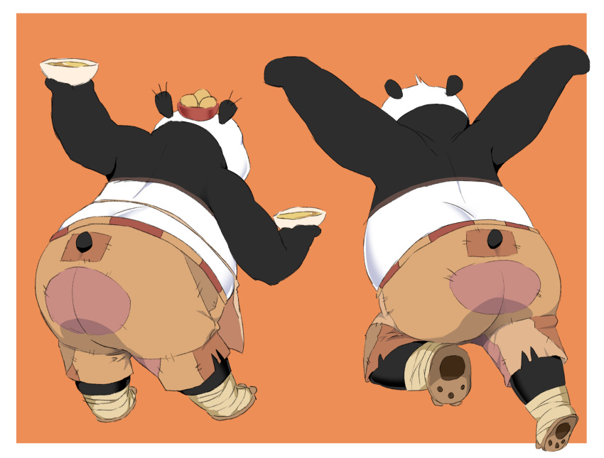 ass bear belly big_butt clothed clothing dreamworks giant_panda hi_res hypnokoo kung_fu kung_fu_panda male mammal martial_arts master_po_ping overweight overweight_male rear_view simple_background solo tail