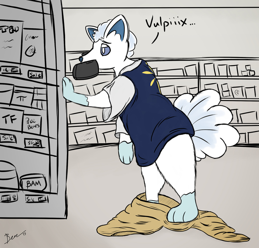 alolan_form alolan_vulpix blue_eyes bottomless bottomwear bottomwear_down box canid canine clothed clothing container depression employee employee_uniform english_text feral fox fur generation_1_pokemon generation_7_pokemon groceries grocery_store half-closed_eyes hi_res holding_object male mammal mid_transformation multi_tail narrowed_eyes nintendo object_in_mouth oversized_clothing pants pants_down partially_clothed pokemon pokemon_(species) public regional_form_(pokemon) shadowfox014_(artist) shelve signature solo store tail text topwear transformation vest vulpix walmart whining white_body white_fur