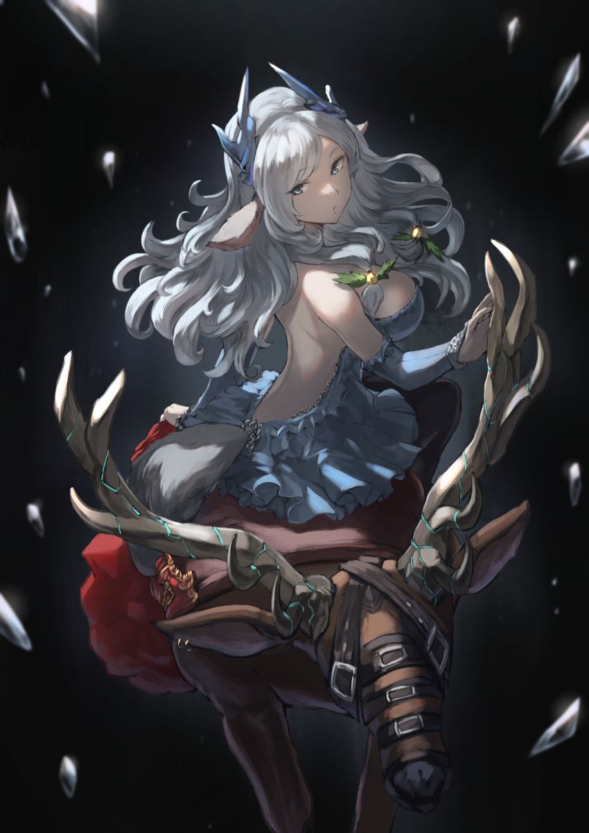 animal antlers bare_shoulders bell black_blindfold black_leggings blindfold blue_eyes breasts christmas dress earrings female highres horns jewelry jojobirdz large_breasts leggings long_hair meme_attire original reindeer riding tail virgin_killer_outfit white_hair