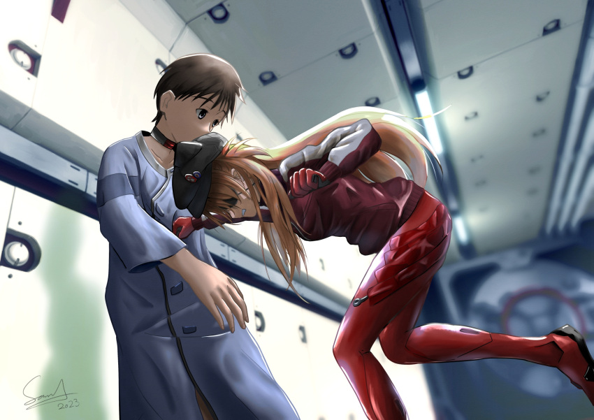 1boy akiranogo2000 blue_eyes blurry bodysuit brown_hair choker clenched_teeth collarbone dated depth_of_field dutch_angle eyepatch female hallway hat highres long_hair neon_genesis_evangelion plugsuit punching rebuild_of_evangelion red_bodysuit signature souryuu_asuka_langley teeth