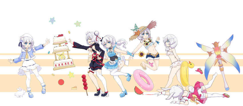 6+girls absurdres animal_ears barefoot blue_dress blue_eyes blue_footwear cake chinese_clothes double_bun dress flower food fruit hair_bun hat highres homu_(honkai_impact) honkai_(series) honkai_impact_3rd long_hair magic multiple_girls multiple_persona on_floor pink_dress pink_flower qingye_ling rabbit sandals shoes shorts straw_hat swimsuit theresa_apocalypse theresa_apocalypse_(magic_girl_teriri) theresa_apocalypse_(morning_sunshine) theresa_apocalypse_(sakuno_rondo) theresa_apocalypse_(shallow_sunset) theresa_apocalypse_(sugar_haw_child) theresa_apocalypse_(valkyrie_pledge) theresa_apocalypse_(violet_executer) theresa_apocalypse_(wonderland_trek) thighhighs watermelon watermelon_slice white_hair white_thighhighs