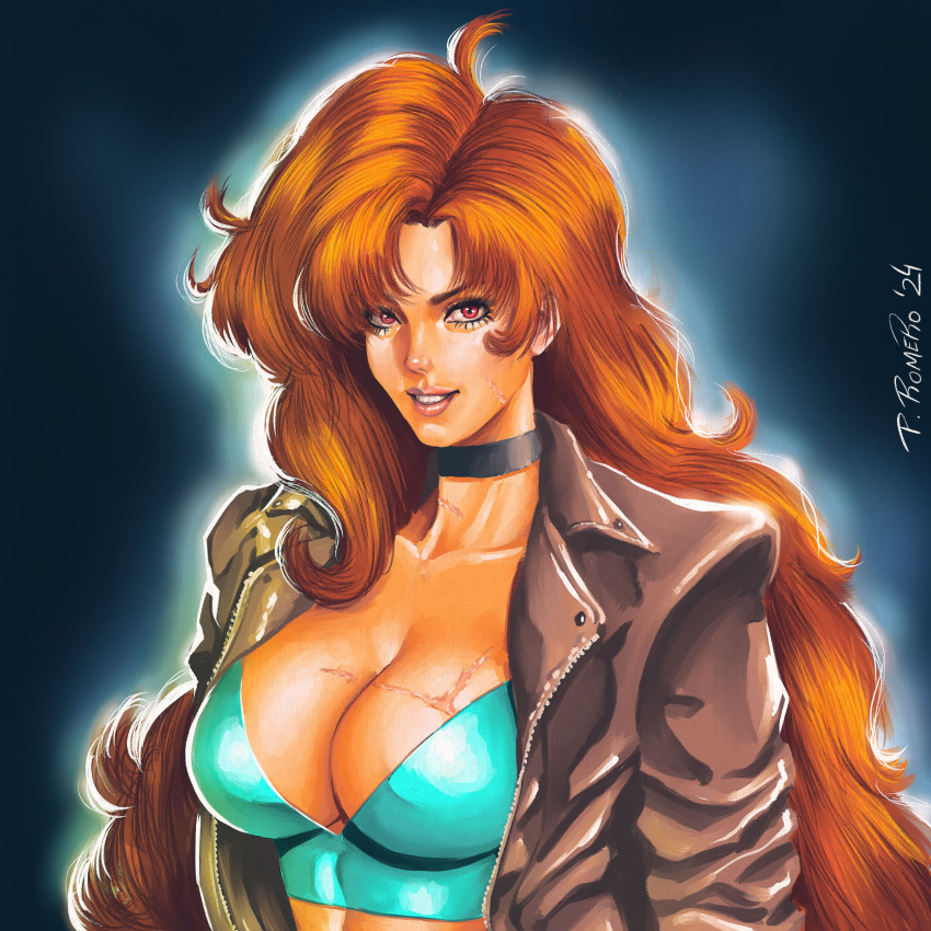 1980s_(style) aqua_shirt big_hair black_choker borrowed_character breasts brown_jacket choker commentary crop_top english_commentary female highres jacket large_breasts leather leather_jacket long_hair makeup maria_(space_maria) mascara orange_hair pablo_romero parted_hair pink_lips plunging_neckline red_eyes retro_artstyle scar scar_on_breasts shirt signature smile solo space_maria teeth upper_body very_long_hair