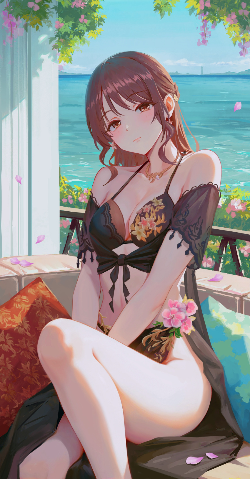 absurdres bare_legs bikini black_bikini black_sarong blush breasts brown_hair cleavage collarbone earrings falling_petals feet_out_of_frame female head_tilt highres idolmaster idolmaster_cinderella_girls indoors jewelry long_hair looking_at_viewer medium_breasts mifune_miyu navel necklace petals qingli_ye sarong sitting solo swimsuit