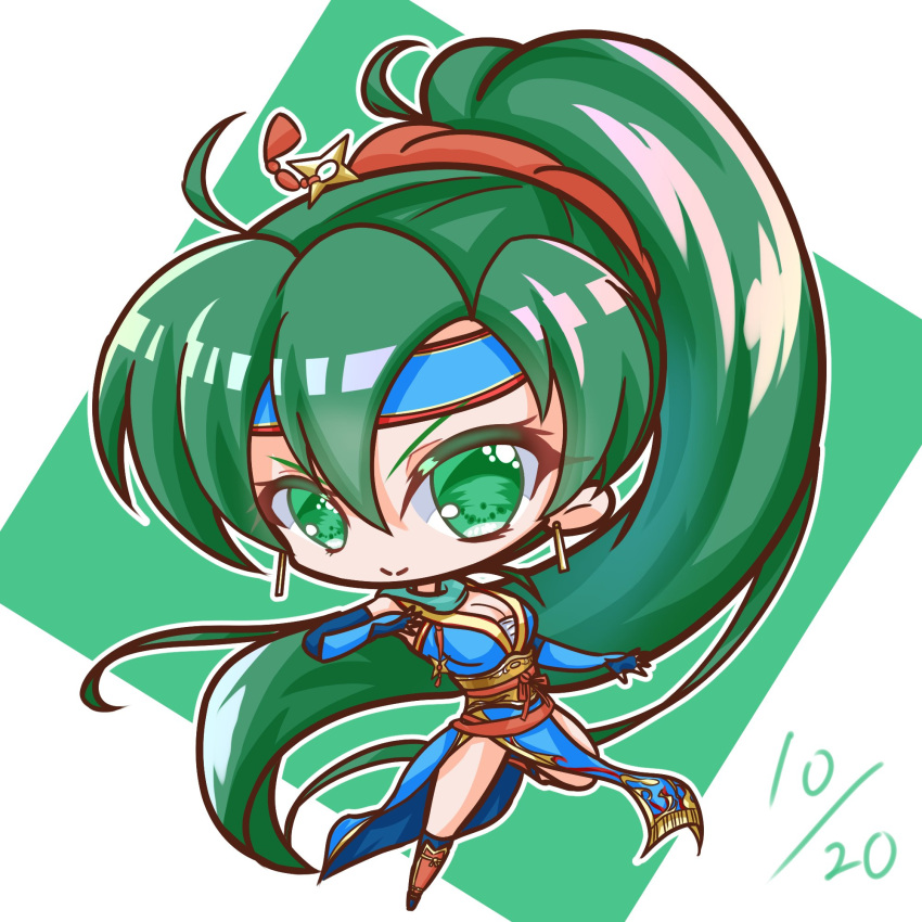 blue_gloves blue_headband breasts chibi chibi_only cleavage closed_mouth commentary earrings female fingerless_gloves fire_emblem fire_emblem:_the_blazing_blade fire_emblem_heroes full_body gloves green_eyes green_hair griffonmask11 hair_between_eyes headband highres japanese_clothes jewelry long_hair looking_at_viewer lyn_(fire_emblem) lyn_(ninja)_(fire_emblem) official_alternate_costume ponytail smile solo very_long_hair