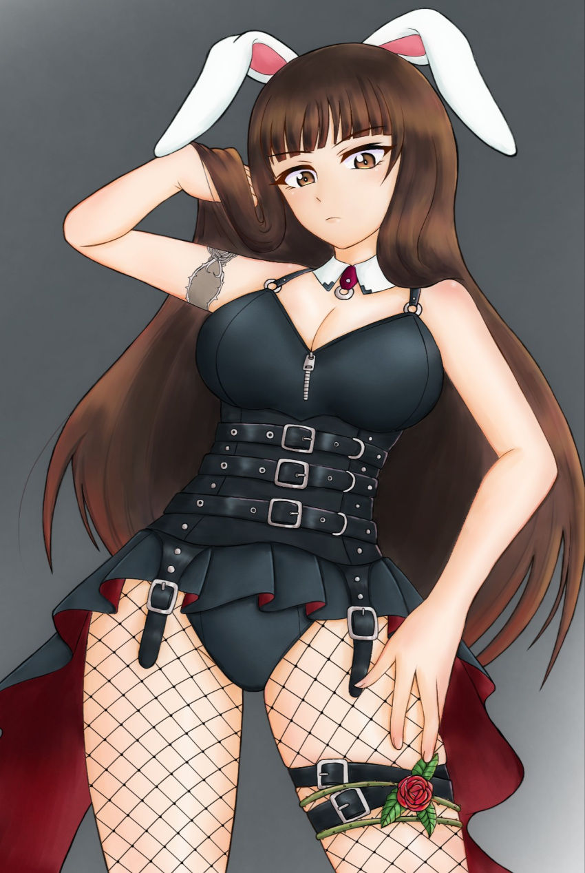 amanone_yun armlet black_leotard black_pantyhose black_skirt blunt_bangs breasts brown_eyes brown_hair cleavage closed_mouth cowboy_shot detached_collar female fishnet_pantyhose fishnets frown girls_und_panzer girls_und_panzer_senshadou_daisakusen! hand_in_own_hair hand_on_own_hip highres jewelry large_breasts leotard long_hair looking_at_viewer nishizumi_shiho official_alternate_costume overskirt pantyhose playboy_bunny skirt sleeveless_leotard solo spaghetti_strap standing straight_hair thigh_strap