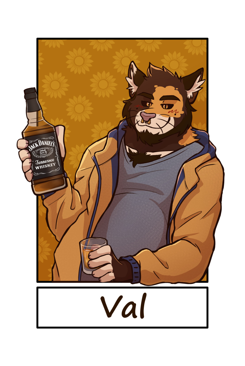 alcohol anthro arm_support beard beverage black_sclera body_hair bottle brown_body brown_fur calico_cat chest_hair clothing container dark_sclera domestic_cat facial_hair facial_piercing felid feline felis fur fur_markings glass half-length_portrait hi_res holding_bottle holding_container holding_object ice inner_ear_fluff jack_daniel's jacket leaning leaning_on_elbow looking_at_viewer male mammal markings nose_piercing orange_body orange_eyes orange_fur piercing portrait smile solo tan_body tan_fur topwear tracho tuft val_(valmichim) whiskers whiskey