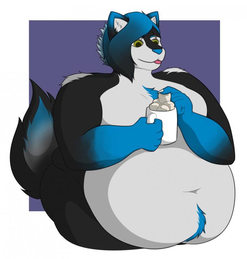 2020 5_fingers anthro bangs belly belly_hair bent_arm beverage big_belly black_body black_fur black_tail blue_ear_tips blue_eyebrows blue_hair blue_markings blue_nose body_hair candy canid canine canis chest_hair chocolate claws closed_smile colored container cup dessert digital_drawing_(artwork) digital_media_(artwork) dipstick_ears ear_markings eyebrow_scar eyebrows facial_scar fingers fluffy fluffy_tail food fur green_eyes hair hi_res holding_beverage holding_container holding_cup holding_marshmallow holding_mug holding_object hot_chocolate male male_anthro mammal markings marshmallow medium_hair mouth_closed mug multicolored_body multicolored_ears multicolored_fur navel nude nude_anthro nude_male obese obese_anthro obese_male overweight overweight_anthro overweight_male pink_tongue rynoka_starvale scar shaded simple_background simple_shading smile solo square standing tail tail_markings theannoyingnpc thick_thighs tongue tongue_out white_background white_body white_claws white_fur white_inner_ear wolf