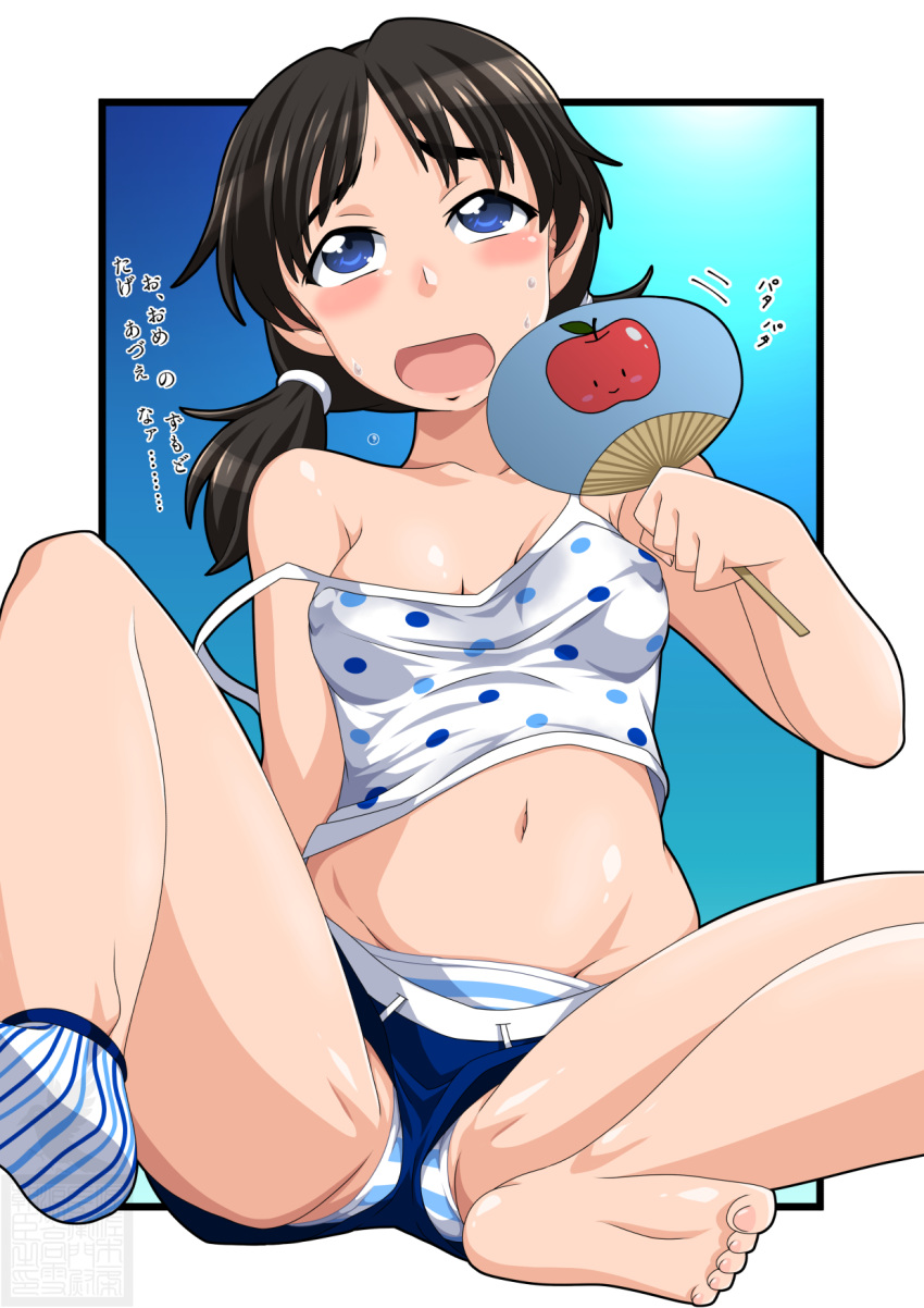 barefoot black_hair blue_eyes blue_panties blue_shorts breasts camisole commentary fanning_self female frown girls_und_panzer groin hand_fan highres holding holding_fan hot ichijou_takakiyo looking_at_viewer loungewear low_twintails micro_shorts motion_lines navel nina_(girls_und_panzer) open_mouth panties paper_fan polka_dot_camisole short_hair short_twintails shorts single_sock sitting small_breasts socks solo strap_slip striped_clothes striped_panties sweat twintails underwear white_camisole