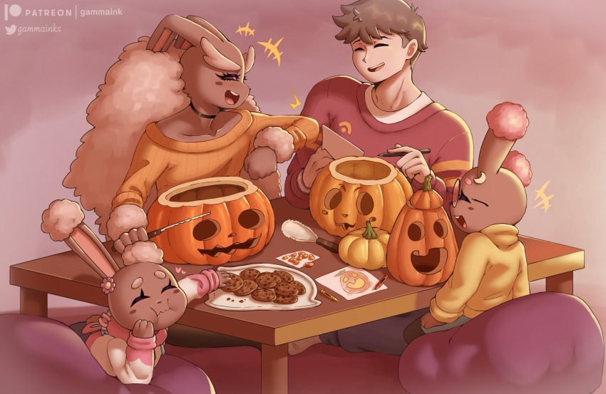 2boys 2girls anthro blush brown_hair buneary cookie ethan_(gammainks) female femboy gammainks generation_4_pokemon girly halloween halloween_pumpkin hi_res human jayden_(gammainks) light_skin lopunny male male_lopunny nintendo pokemon pokemon_(species) pumpkin pumpkin_carving sibling_(lore) siblings very_high_resolution wholesome