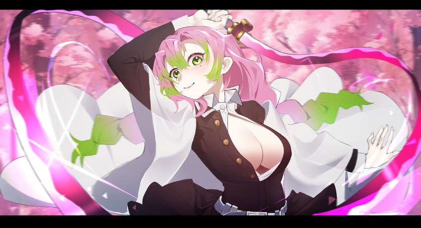 absurdres braid breasts cleavage closed_mouth demon_slayer_uniform female gradient_hair green_eyes green_hair haori highres japanese_clothes kanroji_mitsuri kimetsu_no_yaiba large_breasts long_hair mahcl_(mhcl3466) mole mole_under_each_eye mole_under_eye multicolored_hair multiple_moles partially_unbuttoned pink_hair smile solo twin_braids weapon whip_sword white_haori