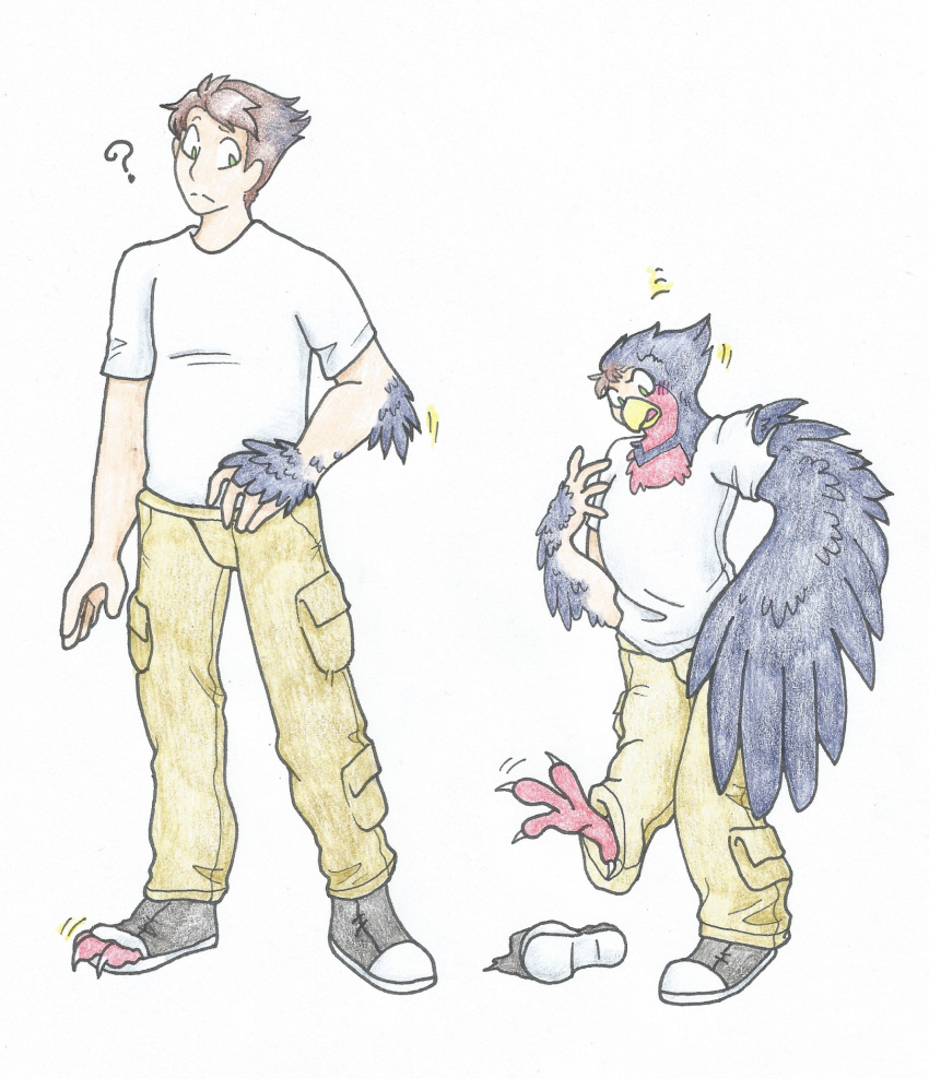 avian avian_feet beak chest_tuft claws clothing feather_growth feathers female feral gender_transformation generation_3_pokemon growth hi_res human looking_at_self loss_of_dexterity male mammal mtf_transformation nintendo open_mouth oversized_clothing pokemon pokemon_(species) question_mark rainbowraven shrinking simple_background size_transformation solo swellow torn_clothing transformation tuft white_background wing_growth wings