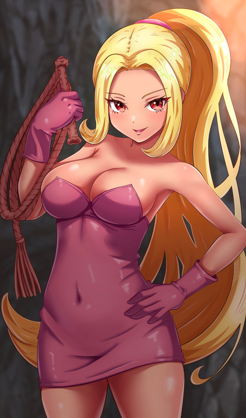 absurdres bare_shoulders blonde_hair breasts cleavage covered_navel dress female gloves highres holding large_breasts long_hair looking_at_viewer maho_(corotonton5150) open_mouth ponytail red_dress red_eyes red_gloves short_dress shynesslady smile solo star_ocean star_ocean_anamnesis star_ocean_the_second_story strapless very_long_hair whip