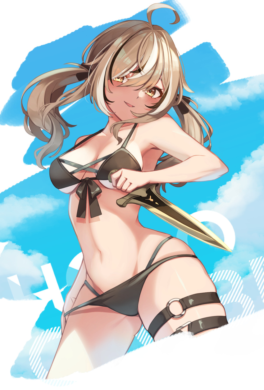 ahoge alternate_costume bikini black_bikini black_hair black_ribbon blue_sky blush breasts brown_eyes brown_hair cleavage cloud commentary cross-laced_bikini cross-laced_clothes dagger day female front-tie_bikini_top front-tie_top hair_over_one_eye hair_ribbon hashtag-only_commentary highleg highleg_bikini highres holding holding_dagger holding_knife holding_weapon hololive hololive_english hoshino_aoi_(la_huynh_hai_than) knife linea_alba long_hair looking_at_viewer medium_breasts multi-strapped_bikini_bottom multicolored_hair nanashi_mumei navel o-ring o-ring_thigh_strap official_alternate_hairstyle ribbon sky solo strap_pull streaked_hair swept_bangs swimsuit thigh_strap twintails virtual_youtuber weapon white_hair