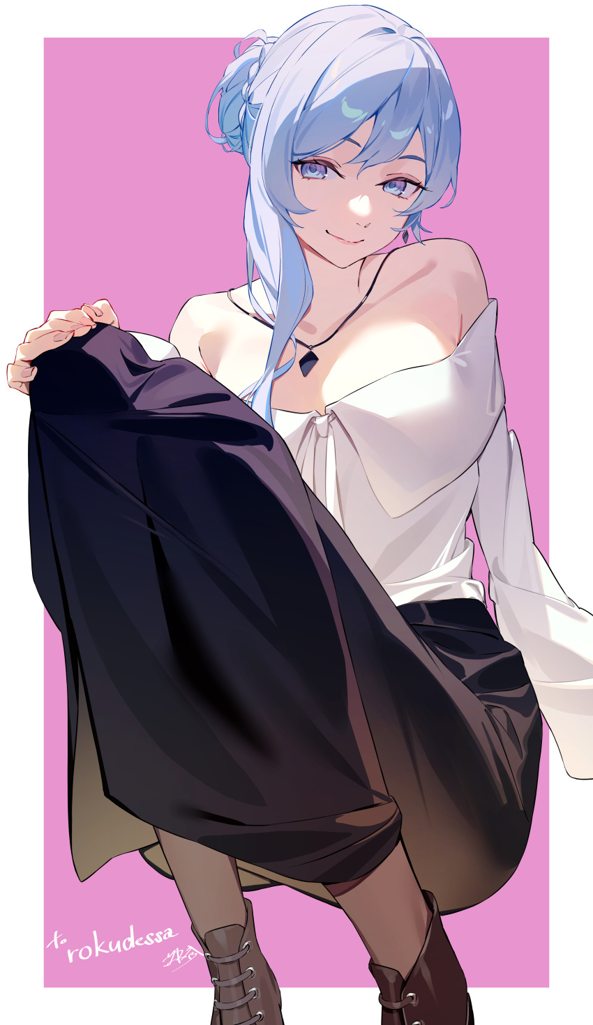 absurdres asymmetrical_hair blue_eyes blue_hair commission female highres ibaraki_shun jewelry long_hair long_skirt looking_at_viewer off-shoulder_shirt off_shoulder original pantyhose pendant shirt skeb_commission skirt smile solo squatting two-tone_background