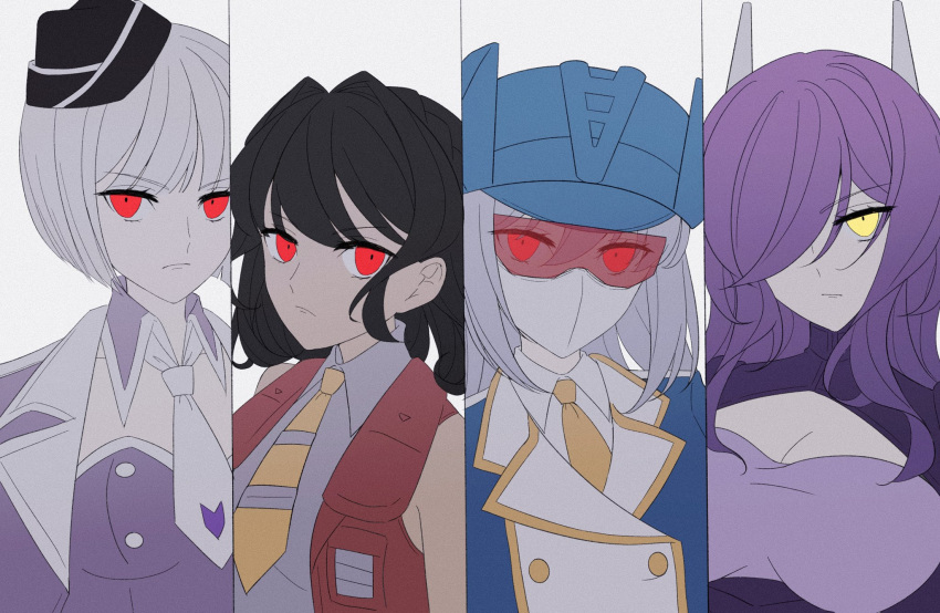 4girls assault_visor breasts cake_(cake44233290) dark-skinned_female dark_skin decepticon genderswap_(mtf) hat highres horns jacket kotobukiya_bishoujo long_hair looking_at_viewer mask medium_breasts megatron megatron_(kotobukiya_bishoujo) military_uniform multiple_girls necktie red_eyes rule_63 shockwave_(transformers) short_hair soundwave_(transformers) starscream starscream_(kotobukiya_bishoujo) transformers transformers:_generation_1 white_hair yellow_eyes