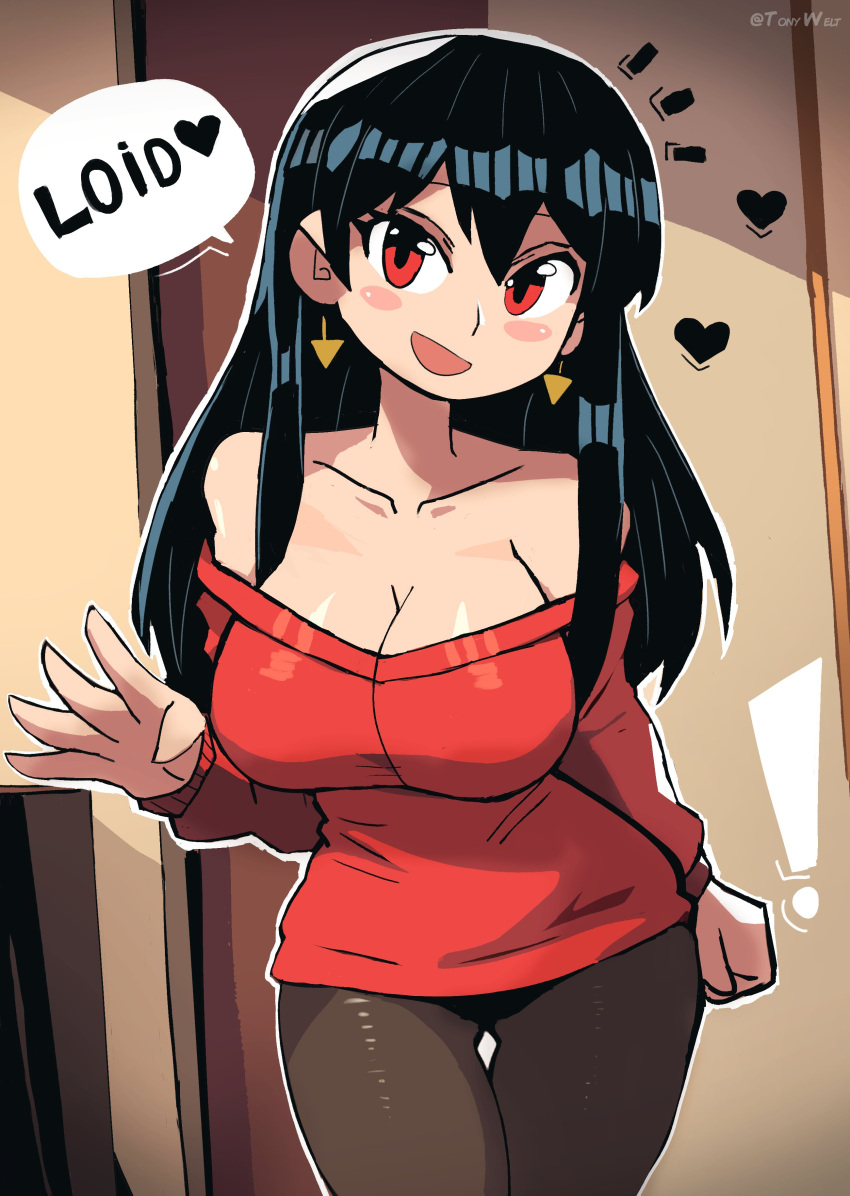 1girl asian big_breasts black_hair breasts collarbone earrings english_text female female_only heart light-skinned_female light_skin loid_forger looking_at_another open_mouth red_eyes smooth_skin solo speech_bubble spy_x_family tony_welt watermark yor_briar