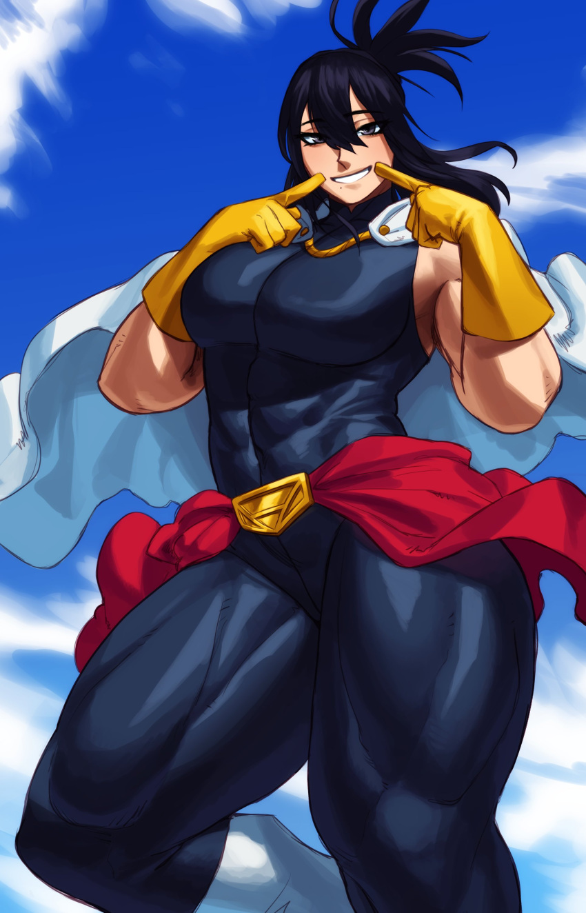 1girls abs big_breasts black_hair bodysuit cape female female_only gloves grey_eyes looking_at_viewer muscles muscular muscular_female muscular_thighs my_hero_academia nana_shimura smiling smiling_at_viewer solo sotcho teeth_showing very_high_resolution