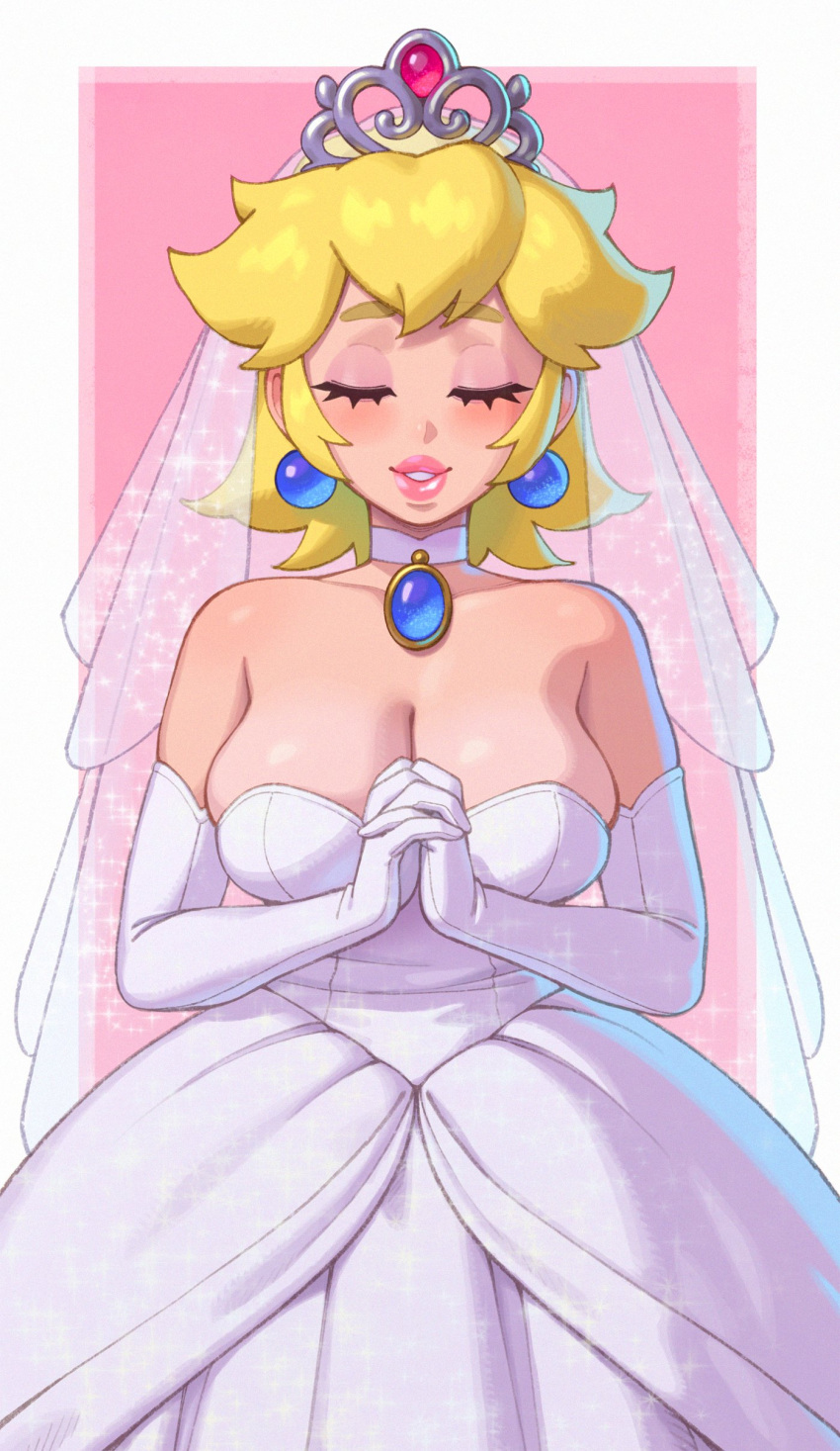 1girls arm_gloves big_lips blonde_hair blush breasts cleavage closed_eyes crown dick_sucking_lips dress earrings female female_only hands_together hi_res kissable_lips lips lipstick mario_(series) nintendo pink_lips pink_lipstick princess_peach rizdraws smile solo super_mario_odyssey thick_lips wedding_dress wedding_peach_(super_mario_odyssey) wedding_veil white_woman