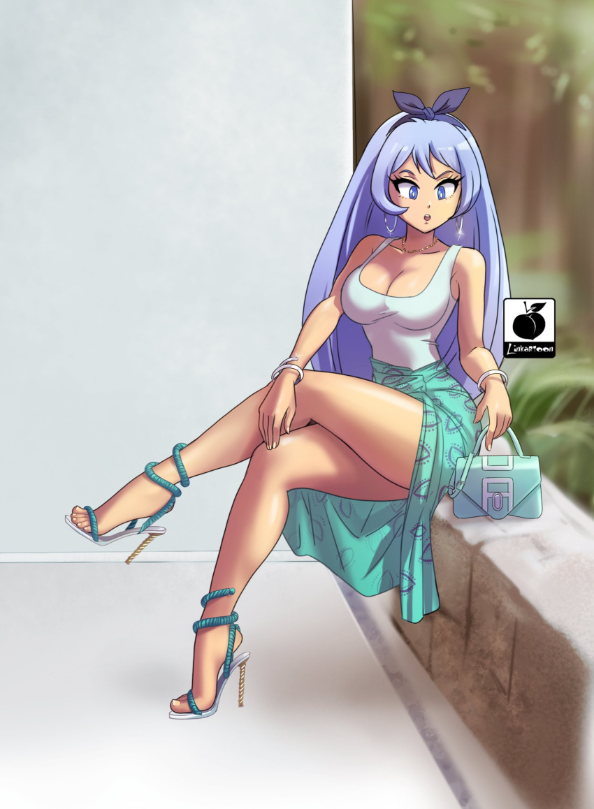 1girls blue_eyes blue_hair clothed clothing female_focus handbag high_heels hoop_earrings jewlery linkartoon my_hero_academia nejire_hado outdoors skirt stiletto_heels tank_top