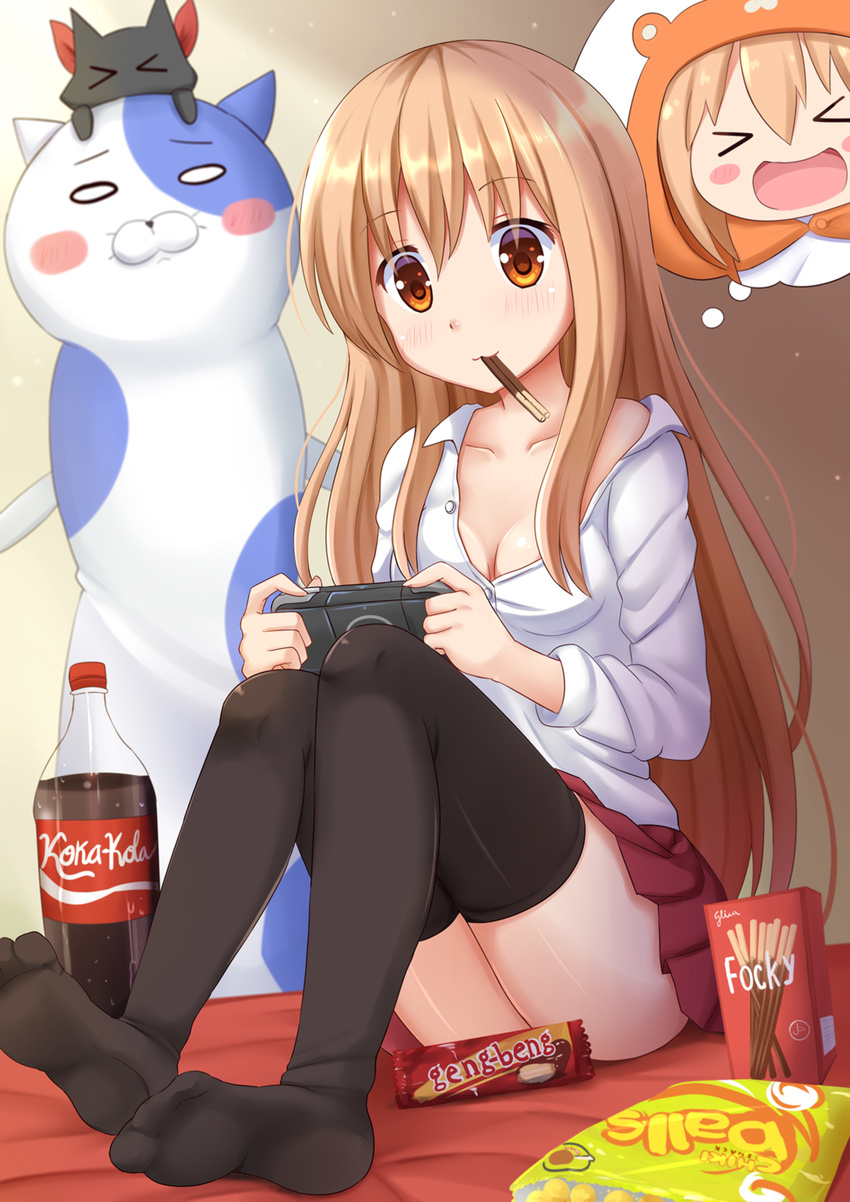 >_< :d black_thighhighs blush_stickers brand_name_imitation breasts brown_hair censored cleavage closed_eyes coca-cola commentary_request dakimakura_(object) doma_umaru dress_shirt eating feline female food hamster_costume handheld_game_console highres himouto!_umaru-chan kazenokaze komaru_(himouto!_umaru-chan) long_hair nekoronbusu nichijou novelty_censor open_mouth pillow playstation_portable pleated_skirt pocky sakamoto_(nichijou) school_uniform shirt skirt small_breasts smile solo thighhighs thought_bubble very_long_hair xd