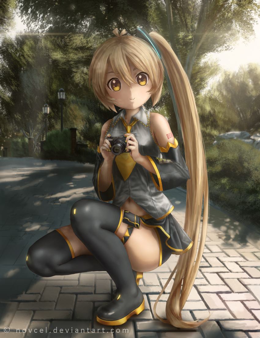 akita_neru black_footwear black_thighhighs blonde_hair boots brick bush camera canon_(company) commentary detached_sleeves female highres lamppost long_hair looking_at_viewer nail_polish navel necktie novcel outdoors side_ponytail smile solo squatting sunlight thigh_boots thighhighs thighs tree very_long_hair vocaloid watermark yellow_eyes