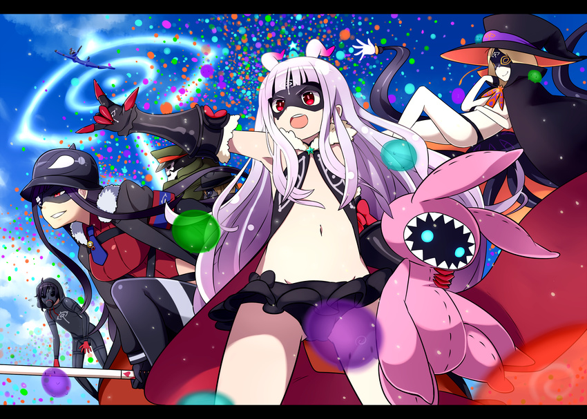 3boys 4girls antenna_hair armband bad_id bad_pixiv_id bare_legs bare_shoulders black_gloves black_hair black_panties blonde_hair blunt_bangs breasts brown_hair cloak cloud cloudy_sky coat dva eyepatch fur_trim galaktika gas_mask gauntlets general_pepel glasses gloves grey_hair grin half_gloves hat helmet highleg highleg_leotard highres hood hoodie hoshimiya_kate jimon_asuta kurukuru_(sekai_seifuku) leotard letterboxed long_hair long_sleeves lowleg lowleg_pants lowleg_skirt lying mask medium_breasts midriff military military_uniform morozumi_yasubee multiple_boys multiple_girls natasha_(sekai_seifuku) navel necktie odin_(seikai_seifuku) open_mouth panties pants peaked_cap pickelhaube plamja-sama professor_um red_eyes roboko_(sekai_seifuku) salute sekai_seifuku:_bouryaku_no_zvezda shikabane_gorou shikabane_itsuka skirt sky smile star_(symbol) stuffed_animal stuffed_toy sukemyon sword teeth underwear uniform venera-sama very_long_hair weapon