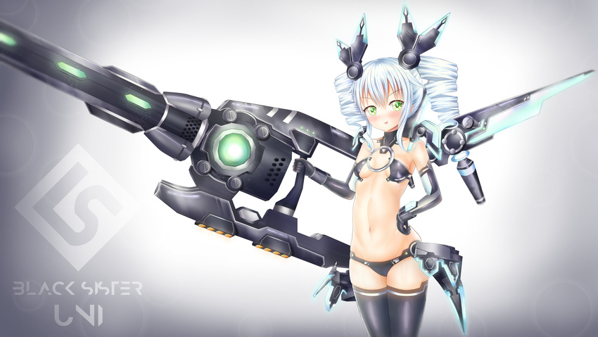 :p bad_id bad_pixiv_id black_gloves black_sister black_thighhighs blush breasts character_name cowboy_shot drill_hair elbow_gloves female gloves green_eyes groin gun hair_between_eyes hand_on_own_hip head_tilt highres holding holding_gun holding_weapon lens_flare long_hair looking_at_viewer multicolored_background navel neptune_(series) open_mouth revealing_clothes small_breasts smile solo standing symbol-shaped_pupils thighhighs tongue tongue_out twin_drills v-shaped_eyebrows weapon white_hair yumcha