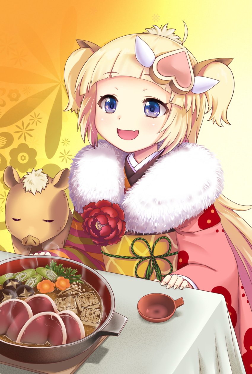 :d ahoge alternate_costume alternate_hairstyle blonde_hair blue_eyes blunt_bangs boar chinese_zodiac claudia_fischer commentary_request female food formation_girls furisode hair_ornament hibari_makoto highres japanese_clothes kimono meat nabe oerba_yun_fang open_mouth pink_kimono short_hair smile solo table twintails year_of_the_pig