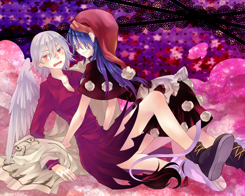 2girls blue_hair chinese_commentary commentary_request covering_face cowgirl_position doremy_sweet dress fangs feathered_wings grey_hair hat kishin_sagume ko_kita looking_to_the_side multiple_girls nightcap open_mouth pom_pom_(clothes) purple_dress red_eyes short_dress short_hair short_sleeves single_wing tail tapir_tail touhou unworn_clothes wings yuri