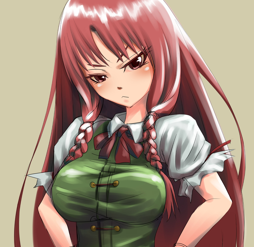 :< alternate_eye_color blush bow braid breasts closed_mouth collared_shirt commentary_request eromk female frown highres hong_meiling large_breasts long_hair looking_down no_headwear puffy_short_sleeves puffy_sleeves red_eyes red_hair shirt short_sleeves simple_background solo touhou twin_braids v-shaped_eyebrows