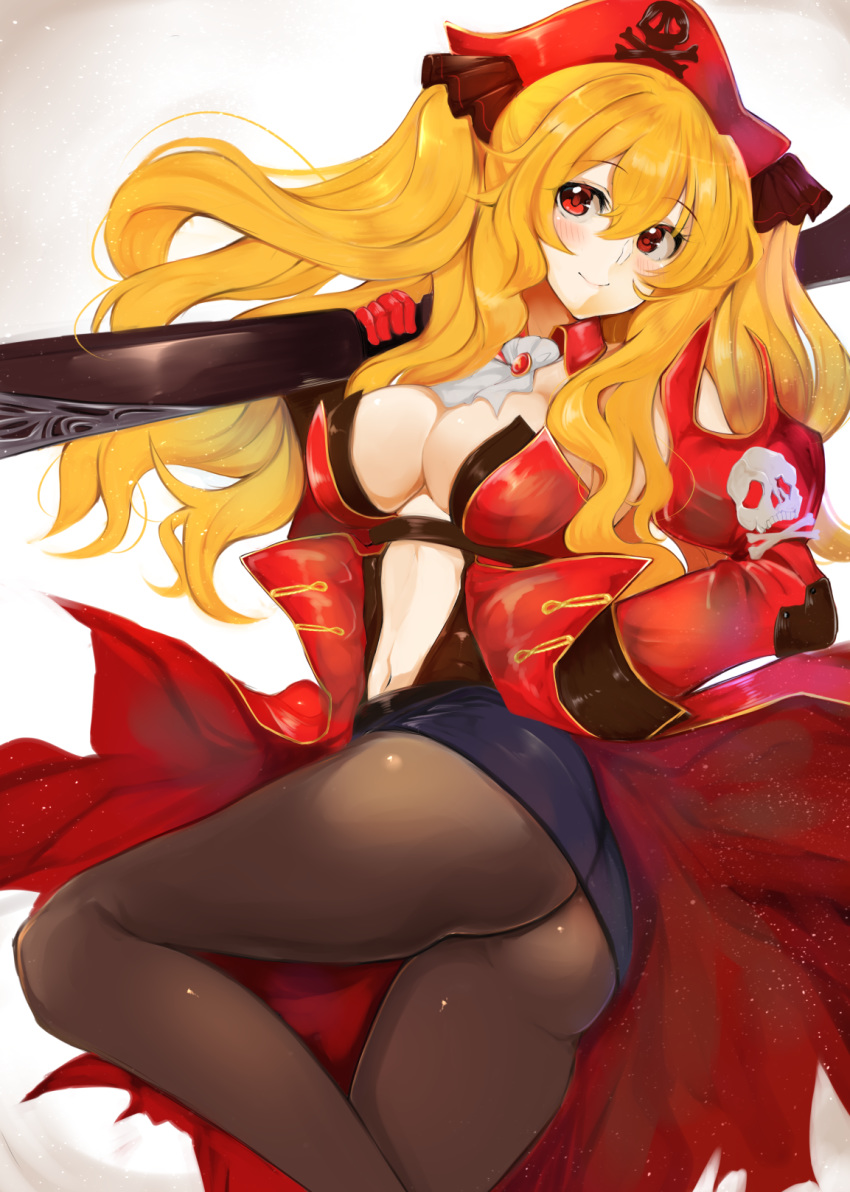 anne_bonny_(fate) ascot ashino ass belt blonde_hair blue_skirt blush breasts brown_pantyhose center_opening cleavage closed_mouth commentary_request fate/grand_order fate_(series) feet_out_of_frame female hair_between_eyes hat highres holding large_breasts long_hair long_sleeves looking_at_viewer microskirt navel pantyhose pencil_skirt pirate pirate_hat red_eyes red_hat shirt_tucked_in skirt skull_and_crossbones smile solo taut_clothes taut_skirt wavy_hair weapon_request white_ascot wing_collar