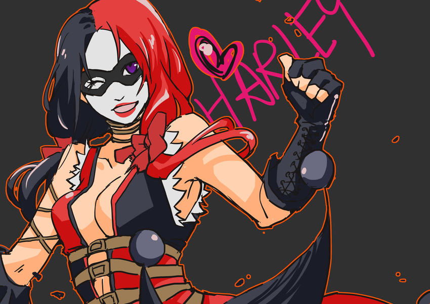 ask batman_(series) breasts cleavage dc_comics domino_mask female fingerless_gloves gloves harley_quinn injustice:_gods_among_us lipstick makeup twintails wink