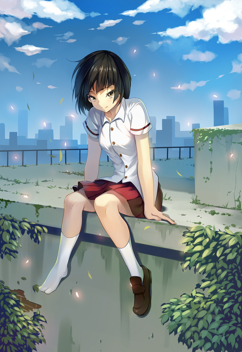 absurdres black_hair cloud commentary_request crazyodin day female highres loafers original outdoors railing rooftop school_uniform shoes short_hair single_shoe sky socks solo