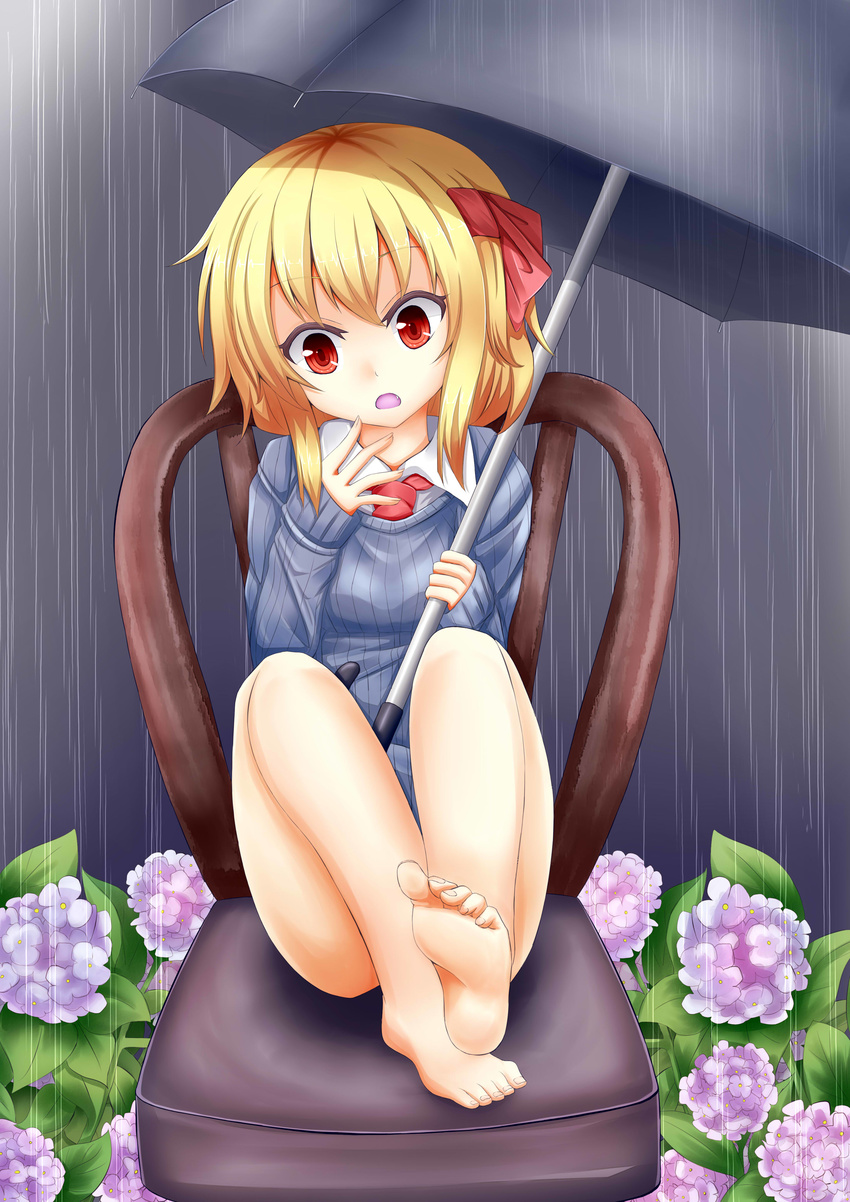 absurdres alternate_costume banned_artist bare_legs barefoot blonde_hair chair flower hair_ribbon highres hydrangea oerba_yun_fang oohirakeisuke rain red_eyes ribbon rumia short_hair sitting sweater touhou umbrella