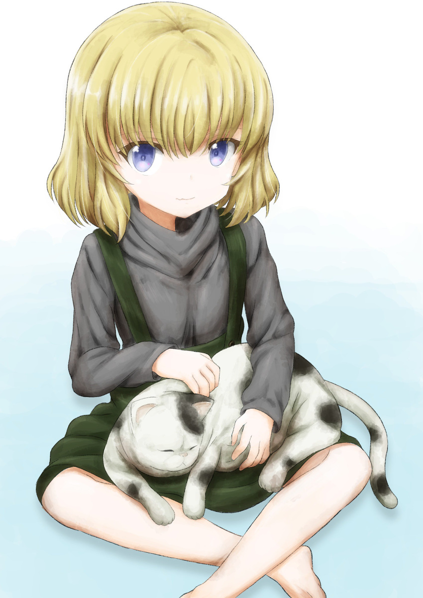 absurdres animal black_shirt blonde_hair blue_background blue_eyes breasts casual closed_mouth feline female girls_und_panzer gradient_background green_skirt high-waist_skirt highres holding holding_animal indian_style katyusha_(girls_und_panzer) looking_at_viewer medium_breasts petting shibagami shirt short_hair sitting skirt smile solo suspender_skirt suspenders turtleneck