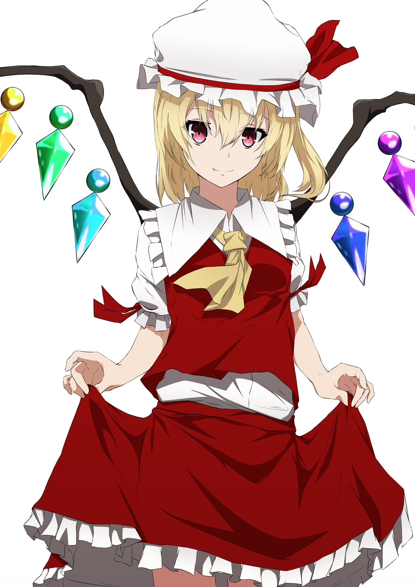 absurdres aono_meri ascot asymmetrical_hair asymmetrical_wings blonde_hair commentary_request crystal fang_out female flandre_scarlet frills hair_between_eyes hat hat_ribbon highres looking_at_viewer mob_cap oerba_yun_fang puffy_sleeves red_eyes ribbon shirt short_hair short_sleeves side_ponytail simple_background skirt skirt_hold skirt_set smile solo touhou vest white_background wings