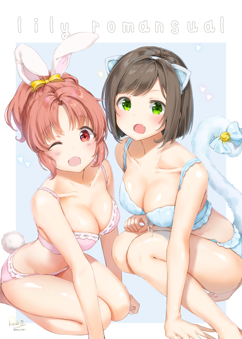 abe_nana animal_ears bra bunny_ears cleavage maekawa_miku nekomimi pantsu shiratama_akane signed tail the_idolm@ster the_idolm@ster_cinderella_girls