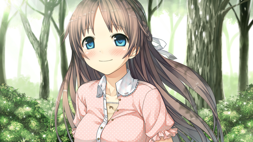 blue_eyes blush braid brown_hair collarbone cura female game_cg highres long_hair looking_at_viewer monobeno nature parted_bangs sawai_natsuha short_sleeves smile tree