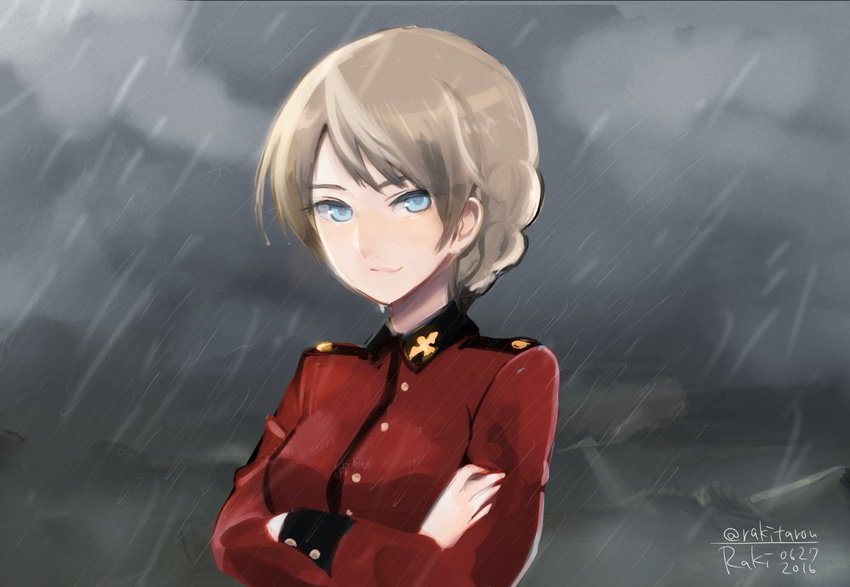 bad_id bad_twitter_id blonde_hair blue_eyes cloud darjeeling_(girls_und_panzer) dated dripping female girls_und_panzer military military_uniform rain smile solo st._gloriana's_military_uniform twitter_username uniform yukiyanagi_raki