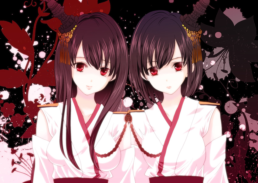 2girls black_hair breasts commentary_request detached_sleeves epaulettes floral_background frown fusou_(kancolle) hair_ornament kantai_collection large_breasts long_hair looking_at_viewer multiple_girls nontraditional_miko photoshop_(medium) red_eyes ringo_apple short_hair smile yamashiro_(kancolle)