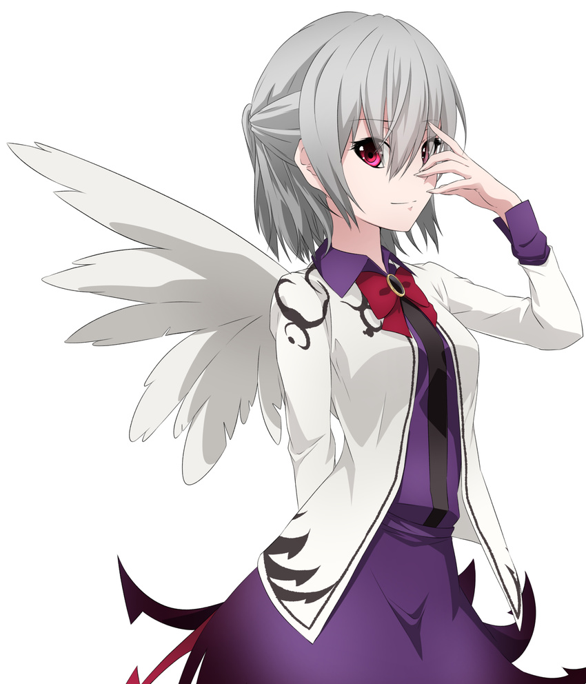 aono_meri arm_behind_back bad_id bad_pixiv_id dress female grey_hair hair_between_eyes hand_over_eye highres kishin_sagume light_smile looking_at_viewer purple_dress red_eyes short_hair simple_background single_wing solo touhou wings