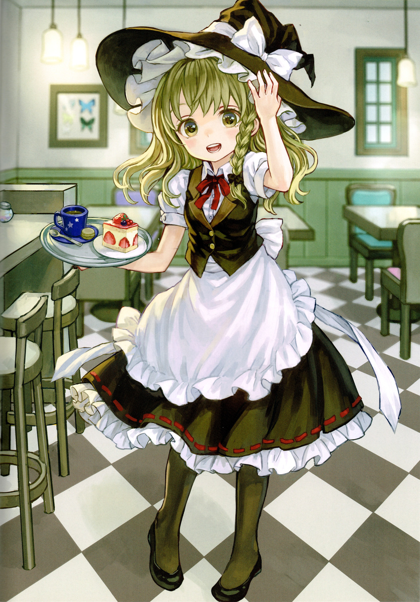 absurdres ama-tou apron black_pantyhose blonde_hair blush bow braid bug butterfly cake chair checkered_floor cup female food foxfactory frilled_skirt frills fruit full_body hair_ornament hairbow hand_on_headwear hat hat_ribbon highres kirisame_marisa lamp long_hair looking_at_viewer open_mouth pantyhose photoshop_(medium) plate puffy_sleeves restaurant ribbon saucer scan shirt shoes short_sleeves side_braid single_braid skirt skirt_set smile solo spoon strawberry table teacup touhou tray vest white_shirt witch_hat yellow_eyes