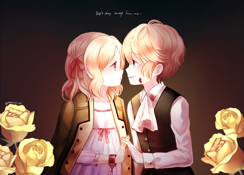 1boy ascot blonde_hair blood blue_eyes buttons chains collarbone diabolik_lovers dress english female flat_chest flower formal gradient gradient_background hair_ornament hair_ribbon handcuffs incipient_kiss interlocked_fingers jacket komori_yui lolicon looking_at_another manmosu open_mouth petite pink_eyes profile ribbon rose sakamaki_shuu simple_background smile straight text twitter_username upper_body yellow_rose younger