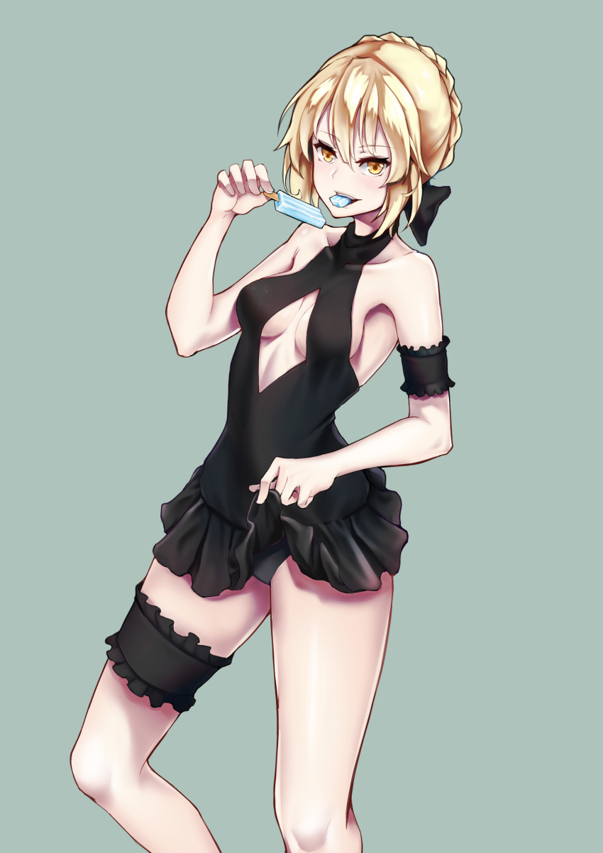 absurdres artoria_pendragon_(alter_swimsuit_rider)_(fate) artoria_pendragon_(alter_swimsuit_rider)_(first_ascension)_(fate) artoria_pendragon_(fate) black_bow blonde_hair blush bow braid breasts bridal_garter chinese_commentary cleavage_cutout clothing_cutout commentary fate/grand_order fate_(series) female food french_braid frilled_one-piece_swimsuit frills hair_between_eyes highres iku!_iku!! looking_at_viewer one-piece_swimsuit popsicle small_breasts solo standing swimsuit yellow_eyes