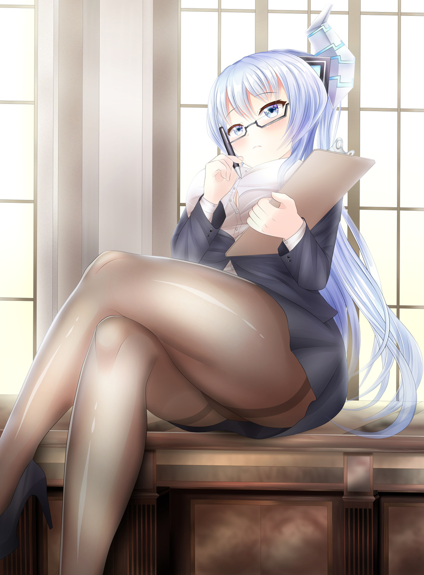 bad_id bad_pixiv_id black_pantyhose blue_eyes blue_hair breasts business_suit crossed_legs female formal glasses high_heels highres jacket kiseijou_rei large_breasts long_hair neptune_(series) office_lady pantyhose pencil_skirt skirt skirt_suit solo suit thighs yumcha