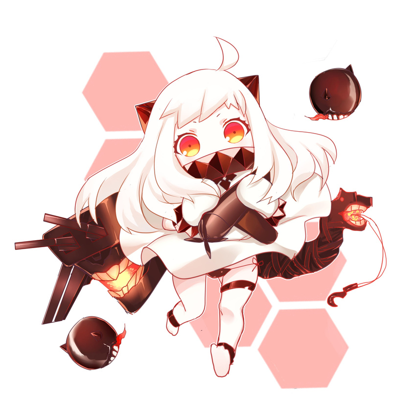 absurdres abyssal_ship ahoge black_panties chibi colored_skin commentary_request dress female fm highres horns kantai_collection long_hair mittens northern_ocean_princess pale_skin panties red_eyes side-tie_panties solo underwear white_dress white_hair white_skin